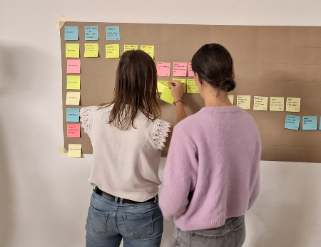 Business analysts during a workshop with process analysis and post-its